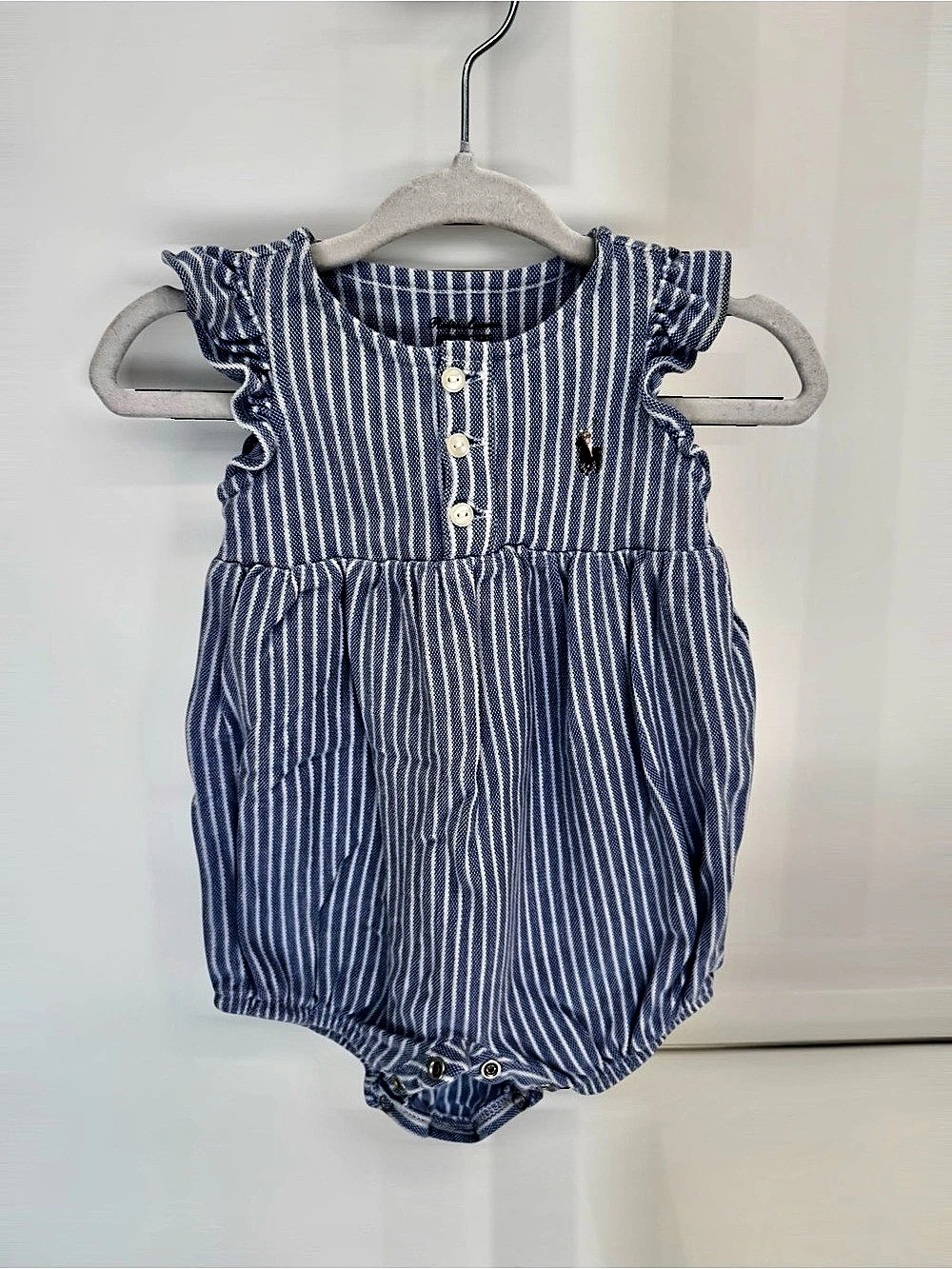 Girls Ralph Lauren Striped Ruffled Mesh Bubble Shortall Blue & White Newborn